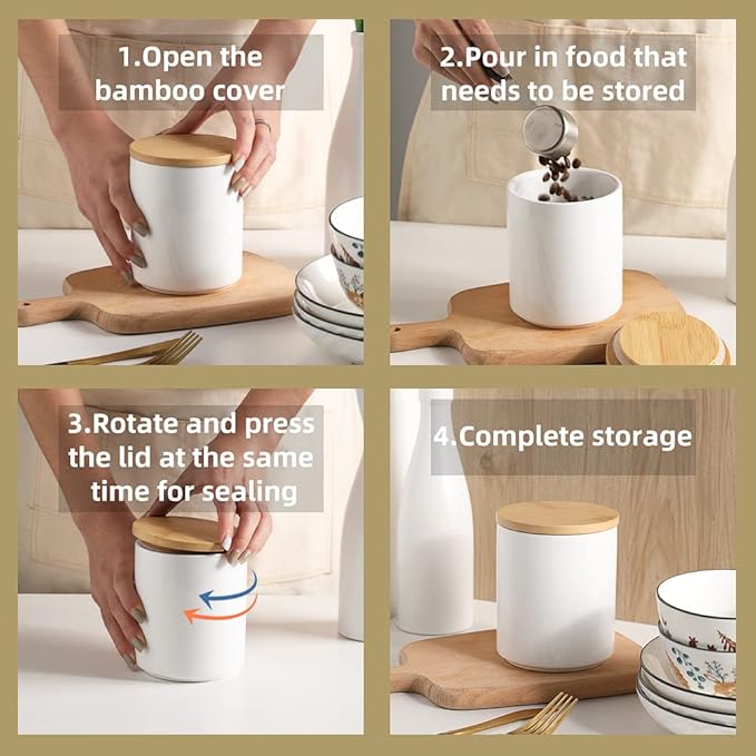 Sweejar Ceramic Canisters Set, Food Storage Jars with Airtight Seal Bamboo Lid, Stackable Containers for Kitchen Counter, Ground Coffee, Flour, Sugar, Cookie, Dog Treats, Candy, Pack of 4 (Jade)-Ruum Studio Home