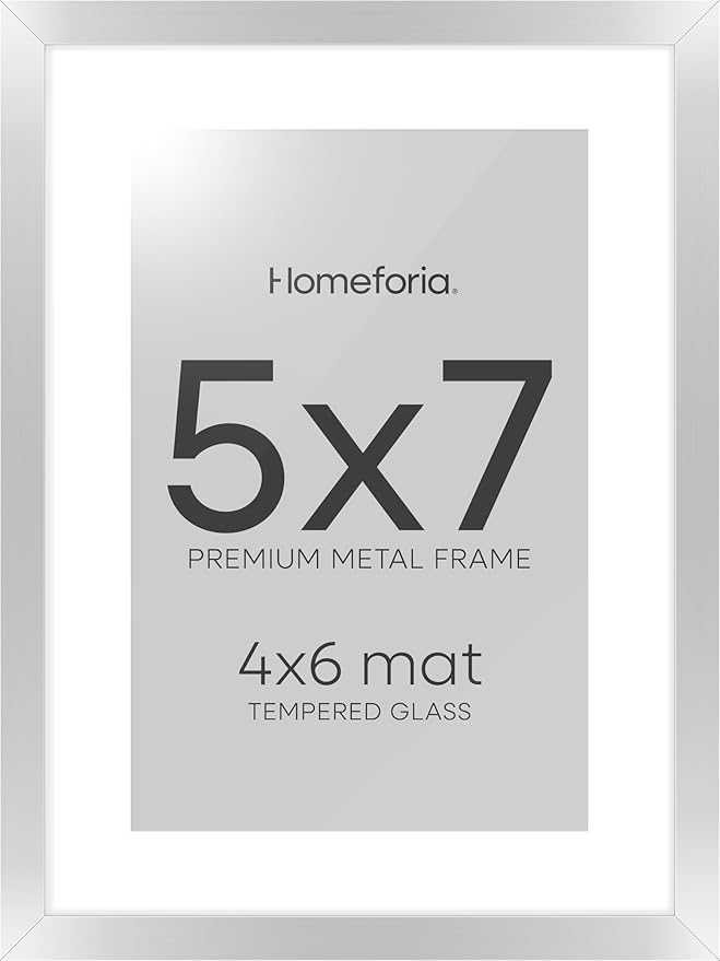 Homeforia 5x7 Picture Frame Silver, High End Metal 5 x 7 Silver Frames with Mat 4 x 6 Print, 5by7 Desk Frame Matted to 4x6 inch Photo, 5 by 7 Wall or Tabletop Frame, Tempered Glass, Wall Kit, Set of 1-Ruum Studio Home