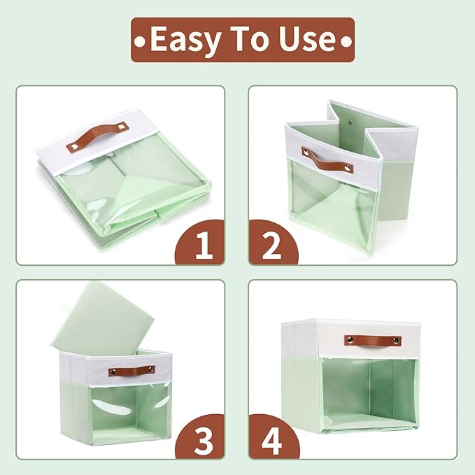 HNZIGE 13x15x13 Cube Storage Bins, 4 Pack Fabric Clear Organizer With Window, Large Collapsible Shelf Bins for Closet, Toy, Clothes - White Green-Ruum Studio Home