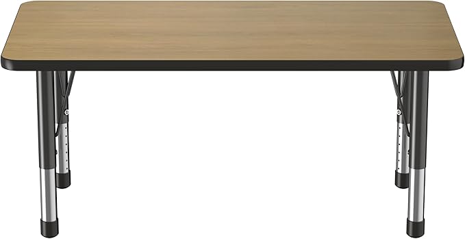 Factory Direct Partners FDP Rectangle (24 x 48 inch) Classroom Table with Adjustable Chunky Toddler Legs (15-24 in); Preschool, Kinder and Daycare Furniture - Pasadena Oak Top/Black Edge and Legs-Ruum Studio Home