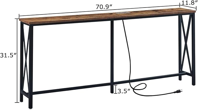 SUPERJARE 70 Inch Console Table with Outlets and USB-C Port, Extra Long Behind Couch Sofa Table with X-Shaped Design, Narrow for Entryway, Living Room, Metal Frame, Wooden Top, Rustic Brown-Ruum Studio Home
