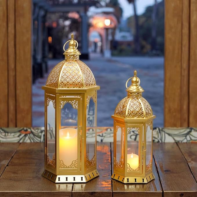 JHY DESIGN Set of 2 Outdoor Candle Lanterns 22"&17" H Decorative Vintage Metal Candle Holders for Garden Porch Indoor Outdoor Parties Weddings Patio Home Decor(Gold)-Ruum Studio Home