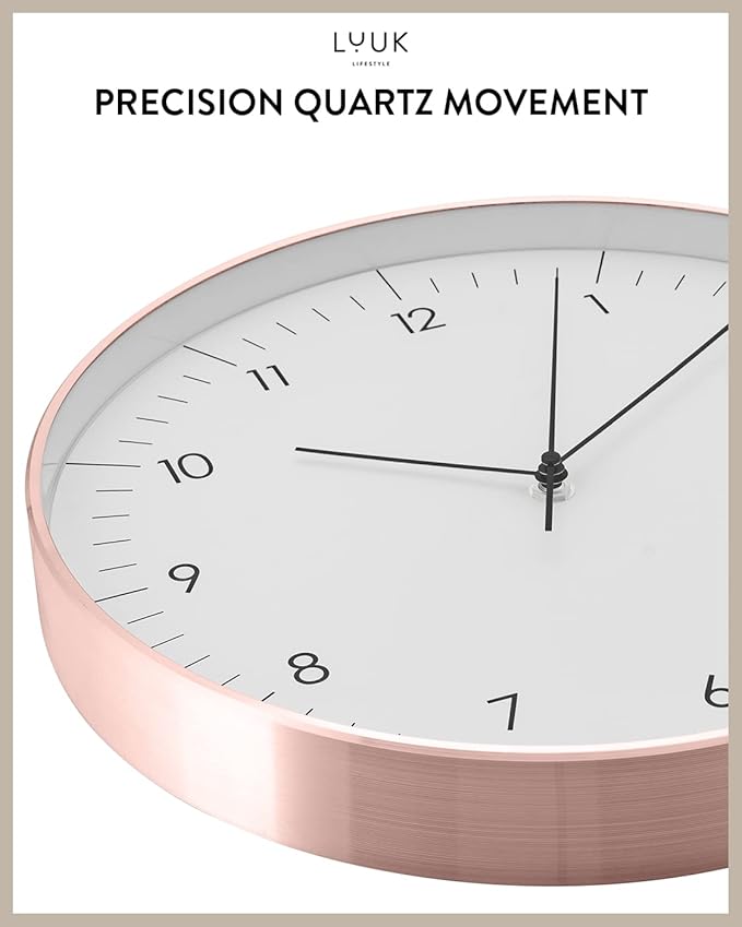 LUUK LIFESTYLE Timeless Wall Clock with Silent Movement and no Ticking, Elegant Design, for Children's Room, Living Room, Bathroom, 12”, White and Rosegold-Ruum Studio Home