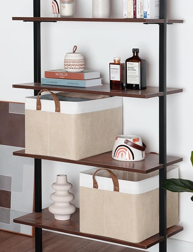 StorageWorks Storage Bins, Fabric Storage Bins for Shelves, Large Storage Baskets with Metal Frame, Closet Baskets and Bins with Handles, Brown and White, 2-Pack-Ruum Studio Home