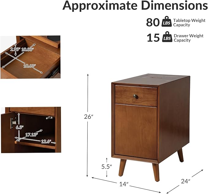 HULALA HOME End Table with Drawer and Charging Station, Modern End Table with USB Ports and Outlets, Wooden Side Table with Storage-Acorn-Ruum Studio Home