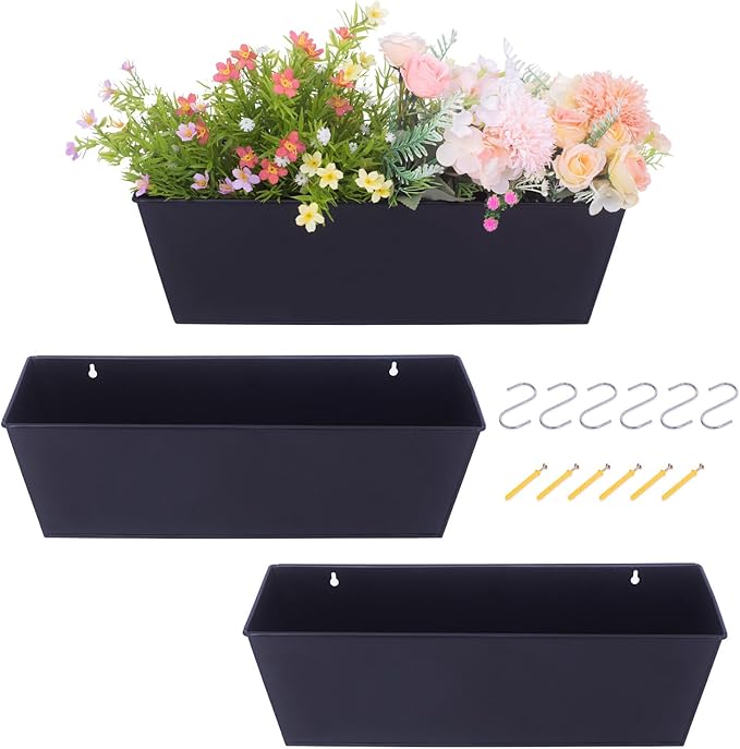 Wall Hanging Planters for Outdoor Plants 16 Inch Large Metal Fence Pots with Hooks for Outside Garden Balcony Plants 3PCS（Black）-Ruum Studio Home