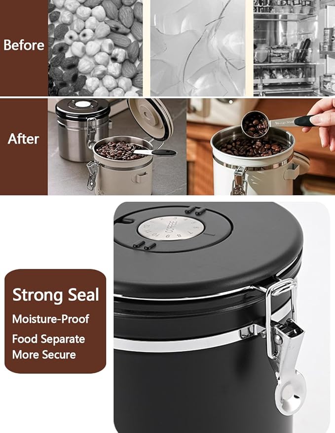 Coffee Canister Airtight Storage Container Stainless Steel Coffee Jar with Scoop,Date Tracker CO2 Release Valve for Dry Food Beans Ground Tea Flour Cereal and Sugar-Ruum Studio Home