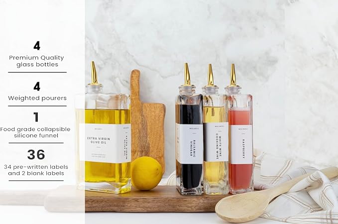Molimoli Olive Oil Dispenser Bottle for Kitchen, Automatic Pourer, Glass Dispenser for Kitchen, Olive Oil Cruet, | Set of 4 - Gold-Ruum Studio Home