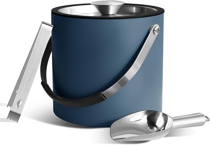 3L Ice Bucket with Silicone Lid, Scoop, Tongs & Strainer, Stainless Steel Double Wall Insulated Ice Buckets for Parties & Cocktail Bar, Outdoor Champagne Ice Container Bin, Navy-Ruum Studio Home
