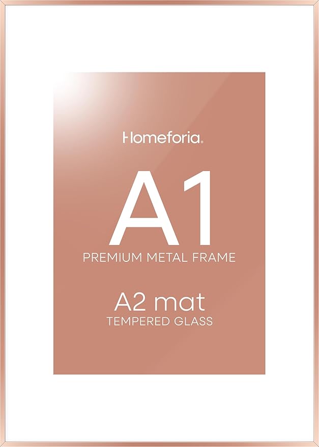Homeforia A1 Poster Frame Rose Gold, High End Metal A1 Large Picture Frames with Mat A2 Photo, 23.4 x 33.1 Frames Matted to 16.5 x 23.4 Print, 23.4x33.1 Thin Frames, Tempered Glass, Wall Kit, Set of 1-Ruum Studio Home