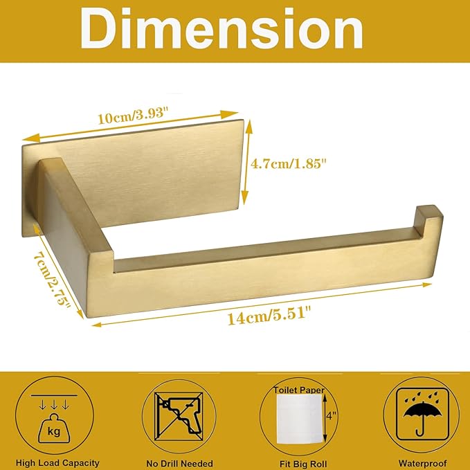 Toilet Paper Holder, Self Adhesive Tissue Holder Stainless Steel Rustproof Paper Roll Holder, No Drilling Easy to Install, Toilet Paper Rack Suitable for Office, Bathroom (Brushed Gold)-Ruum Studio Home