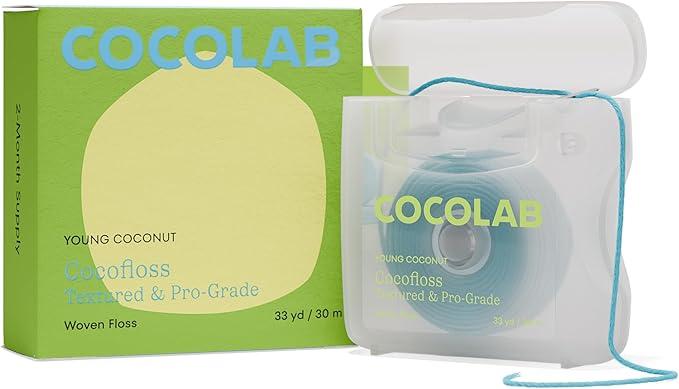 Cocolab Woven Dental Floss, Dentist-Designed Oral Care, Coconut Scent, Waxed, Expanding, Vegan, Kid-Friendly String Floss with Coconut Oil, 1 Spool (33 yd)-Ruum Studio Home