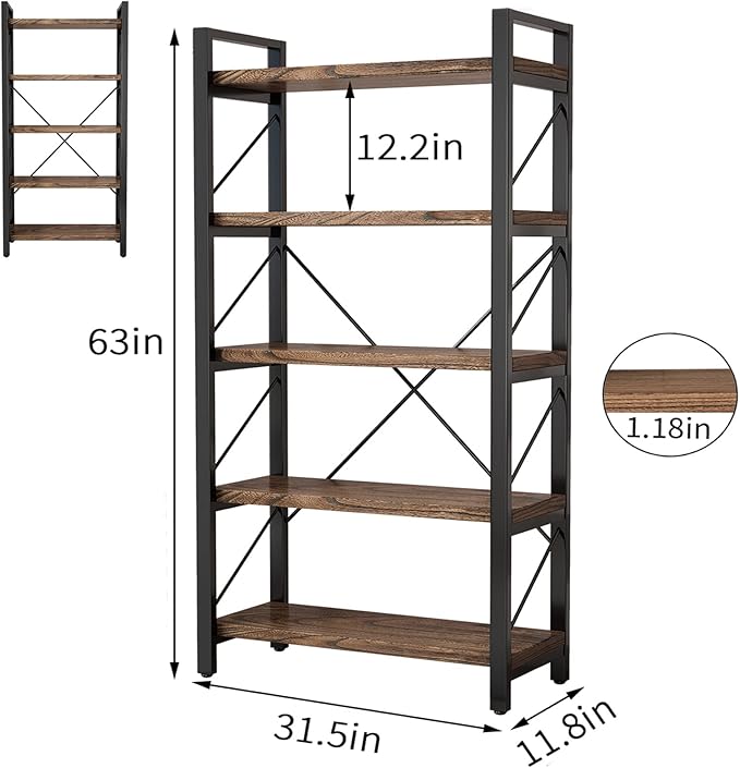 5 Tier Bookshelf Rustic Solid Wood Industrial Style Bookcase,Metal and Real Wood Vintage Bookshelf,Book Shelves Home Office, Retro Brown,Dark Matching credenza(LZ01-05tier) (5Tiers)-Ruum Studio Home