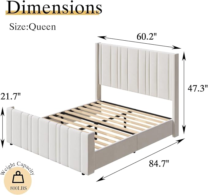 HOMBCK Queen Bed Frame Upholstered Platform Bed with Vertical Channel Tufted Headboard & Footboard, Wingback Design/Noise Free/No Box Spring Needed/Easy Assembly, Cream-Ruum Studio Home