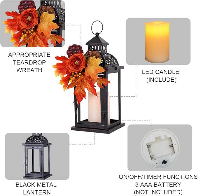 NEEDOMO Fall Decorations for Home, 15'' Fall Lantern Indoor Outdoor Thanksgiving Decor, Vintage Metal Hanging Candle Holders with Fall Teardrop Wreath and LED Candle for Patio, Porch, Table-Ruum Studio Home