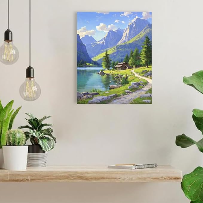 Landscape wall painting of mountain forest lakeside cabin under blue sky and white clouds natural oil painting poster suitable for living room bedroom office-Ruum Studio Home