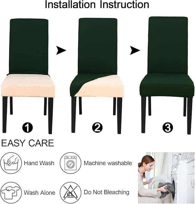 JQinHome Chair Covers for Dining Chairs, High Stretch Removable Washable Chair Protector Cover Set of 6, Chair Slipcovers for Dining Room, Kitchen,Home Party,Wedding Ceremony(Hunter Green, 6PC)