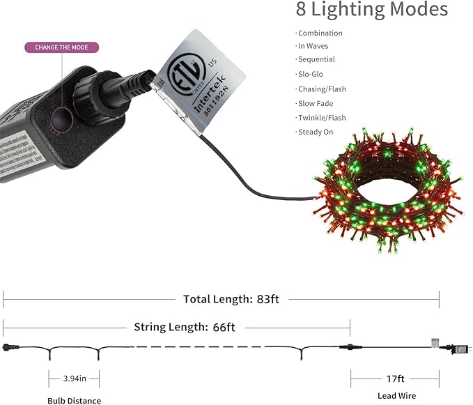 HOME LIGHTING 66ft Christmas Decorative Mini Lights, 200 LED Green Wire Fairy Starry String Lights Plug in, 8 Lighting Modes, for Indoor Outdoor Xmas Tree Wedding Party Decoration (Red & Green)-Ruum Studio Home