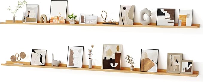 Floating Picture Ledge Shelves for Wall Set of 2, 95 Inches Picture Ledge Shelf with Long Large Nursery Book Shelf for Toys Storage Kids Bookshelf Wall Mounted Living Room Bedroom Decor Frames, Oak-Ruum Studio Home