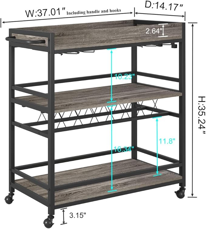 BON AUGURE Bar Cart, Home Bar Serving Cart on Wheels, Mobile 3 Tier Liquor Beverage Carts with Wine Rack and Glass Holder (Grey Oak)-Ruum Studio Home