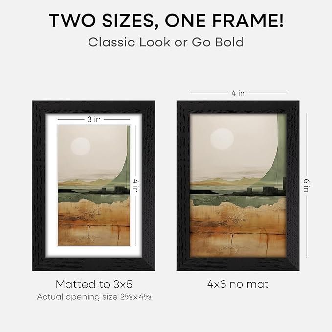 Homeforia 4x6 Picture Frame Black Wood, High End Oak 4by6 Black Wooden Frames with Mat 3x5 Print, 4 x 6 Frame Matted to 3 x 5 inch Photo, 6x4 Wall or Tabletop Frame, Tempered Glass, Wall Kit, Set of 1-Ruum Studio Home