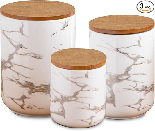 White Ceramic Canister Set with Wooden Lid, 3-Piece Food Storage Jars for Kitchen Counter, Storage Container for Sugar, Coffee, Tea, Spice-Ruum Studio Home