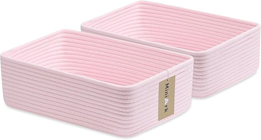 Large Shallow Organizing Baskets 15x11x5.1 Inches - Rope Woven Storage Bins for Bathroom, Shelves, Cube Closet, Light Pink 2 Packs-Ruum Studio Home