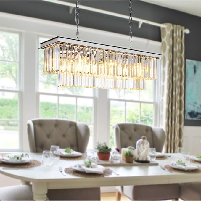 L39.4 Chrome Rectangle Modern Crystal Chandeliers Lighting Rectangular Pendant Ceiling Lights Fixture Lamp for Dining Living Room-Ruum Studio Home