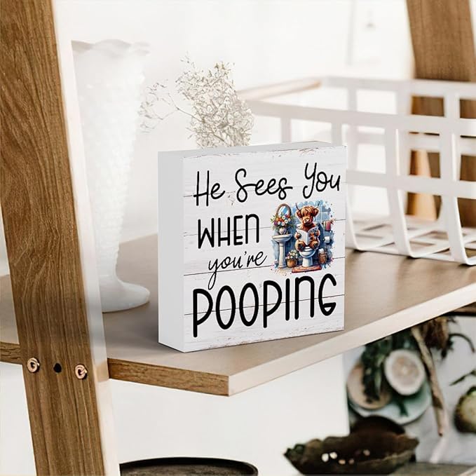 Funny Highland Cow Decor Memorial Day Fourth of July Independence Day Decorations Red White and Blue Decor, Rustic Farmhouse Home Office Wooden Box Sign for Bathroom - He Sees You When You're Pooping-Ruum Studio Home