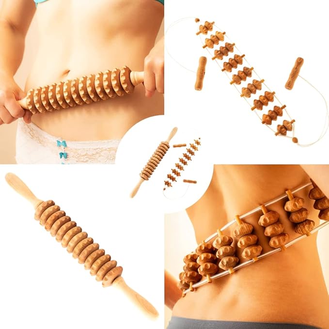 2 Pcs Wooden Sturdy Lymphatic Drainage Roller & Back Massager with Ropes, Maderotherapy, Body Sculpting- Recommended by Professionals (Roller & Massager)-Ruum Studio Home