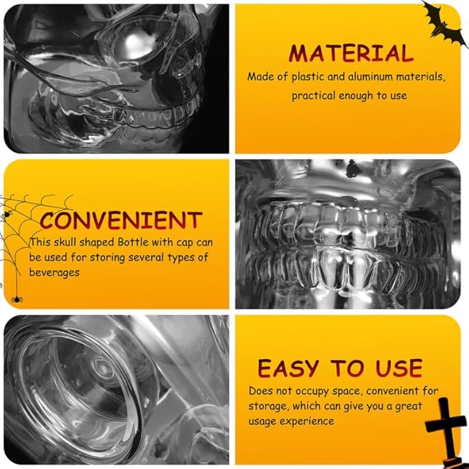 VOSAREA 4pcs Halloween Beverage Bottles Clear Skull Shaped Jar Cups 800ml Plastic Drink Bottles with Screw Straw Hole Lid Party Water Tumbler Skull Beverage Juice Mug-Ruum Studio Home