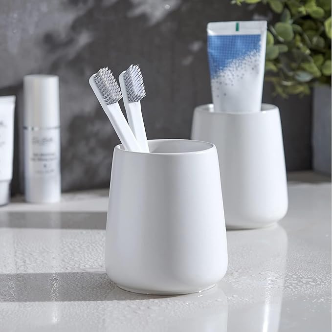 White Toothbrush Holder for Bathroom - Ceramic Tooth Brushing Holders, Toothbrush Cup & Toothpaste Organizer for Bathroom Countertop, Makeup Brush Holder, Pen Holder for Home Desktop Storage-Ruum Studio Home