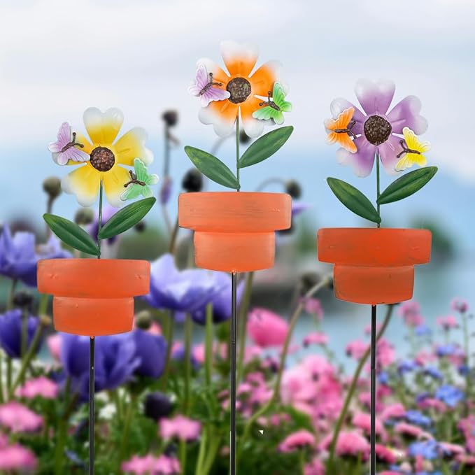 Metal Garden Stakes Decor,3 Pack Flowers Pot Decorative Garden Stakes, Waterproof Spring Outdoor Decor,Metal Flowers Garden Decor for Outside,Lawn,Yard,Pathway-Ruum Studio Home