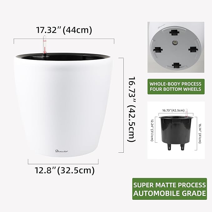 Dexceder 18x17 Self Watering Planter with Wheels Indoor Outdoor, Inner Pot Design, Thickened Large Floor Standing Flower Plant Pot with Water Level Indicator (White Matte)-Ruum Studio Home