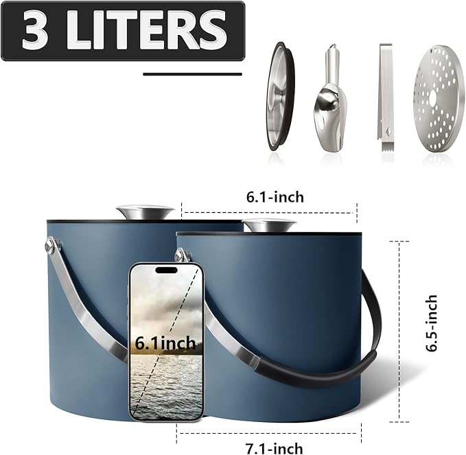 3L Ice Bucket with Silicone Lid, Scoop, Tongs & Strainer, Stainless Steel Double Wall Insulated Ice Buckets for Parties & Cocktail Bar, Outdoor Champagne Ice Container Bin, Navy-Ruum Studio Home