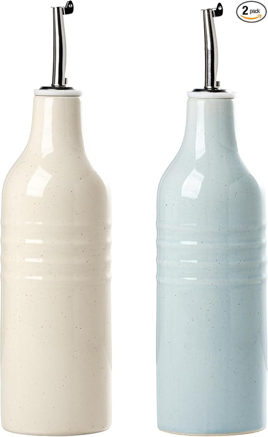 famiware Jupiter 16oz Ceramic Olive Oil Dispenser Bottle, Olive Oil and Vinegar Dispenser Bottle Set of 2 with Stainless Steel Pourers, Suitable for Storage Vinegar, Light Blue & Vanilla White-Ruum Studio Home
