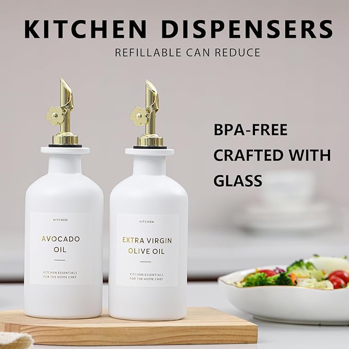 HOMCDALY Olive Oil Dispenser for Kitchen, 11.8oz Glass kitchen Dispenser Bottle, Gold Oil&Vinegar Cruet Set, Leakproof Oil Containers for Cooking| Set of 2 (11.8oz – Gold)-Ruum Studio Home