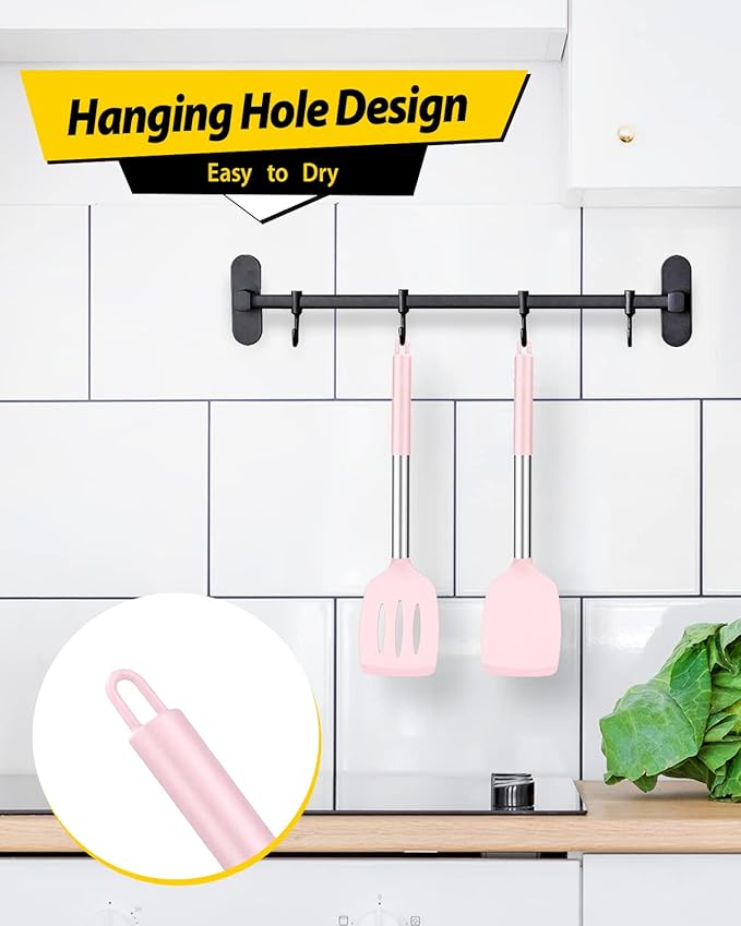 Pack of 2 Silicone Solid Turner, Non Stick Slotted Kitchen Spatulas, High Heat Resistant BPA Free Cooking Utensils, Ideal Cookware for Fish, Eggs, Pancakes(Pink)-Ruum Studio Home