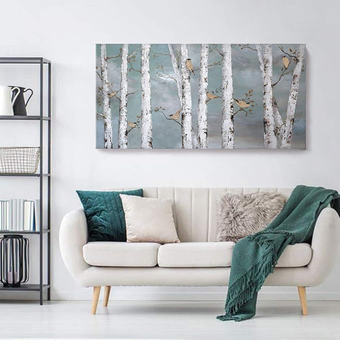amatop Large Tree Wall Art Hand-Painted Landscape Forest Oil Painting Gallery Wrapped Framed Canvas Gold Bird Artwork 'White Birch at Night' for Living Room Bedroom Office Decor Teal White 48"x24"-Ruum Studio Home
