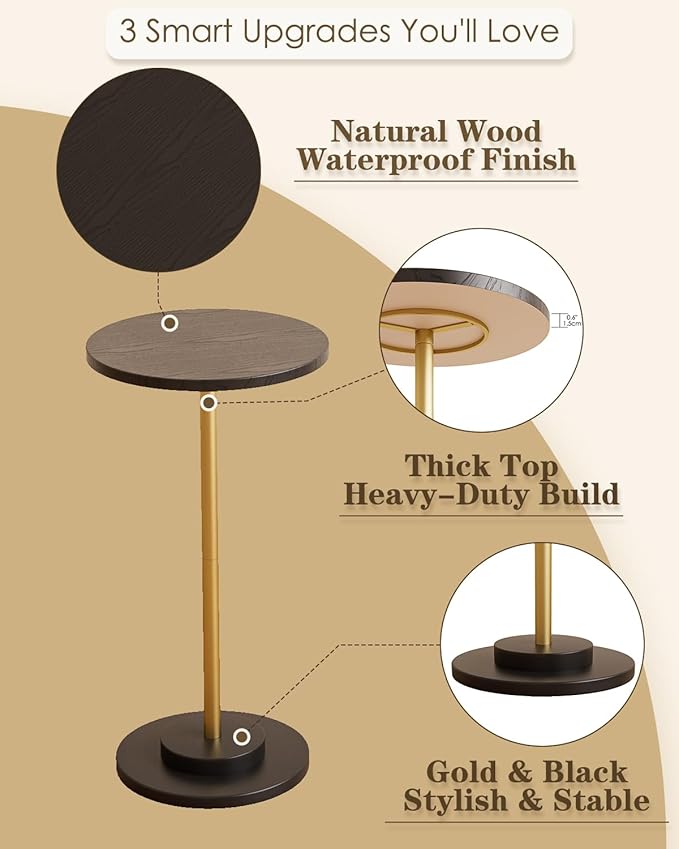 Masupu Drink Table, Round Side Table for Small Spaces, Pedestal Side Table, Small End Table with Metal Base, for Living Room, Bedroom, Bathroom, Black Gold-Ruum Studio Home