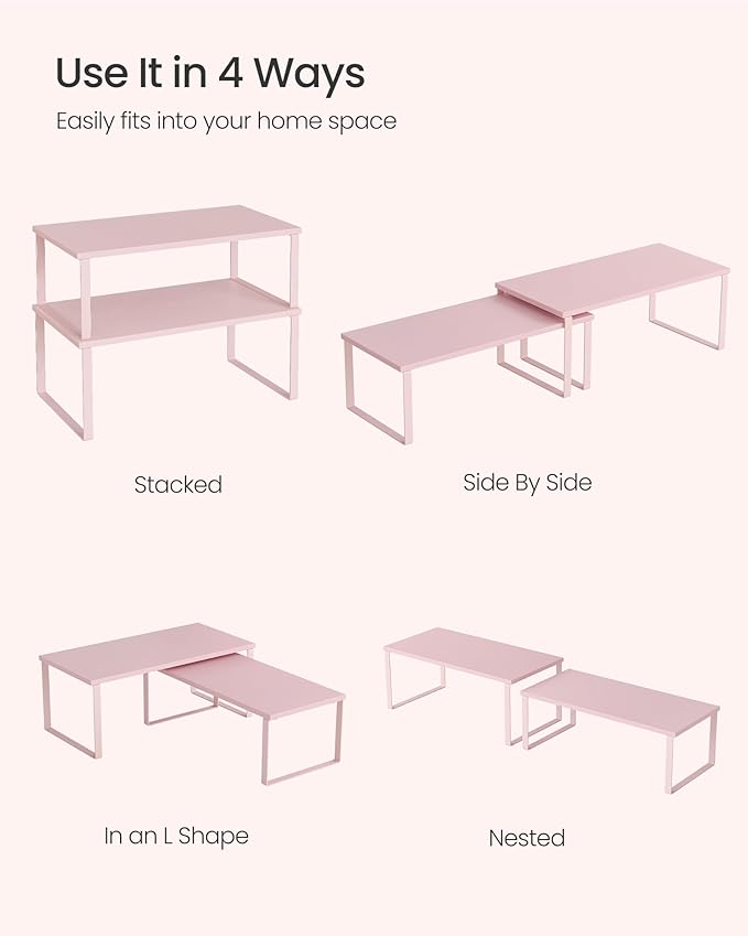SONGMICS Cabinet Organizer Shelf, Set of 2 Kitchen Counter Shelves, Kitchen Storage, Spice Rack, Stackable, Expandable, Metal and Engineered Wood, Jelly Pink UKCS025S01-Ruum Studio Home