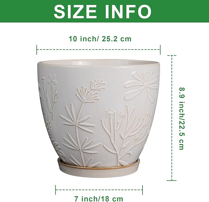 10 Inch Plant Pot Ceramic Planter Pot with Drainage Hole and Saucer Round Planter Large Flower Pot for Indoor Outdoor Plants Home Garden Decor White-Ruum Studio Home