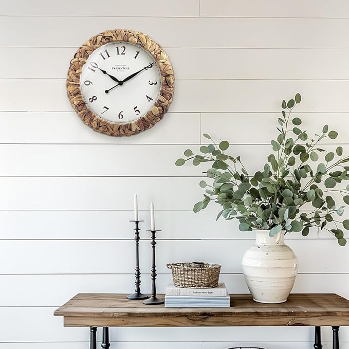 Presentime & Co. Farmhouse Series, Rustic Woven Clock, 14 inch, Natural Woven Water Hyacinth/Sea Grass. Wall Sculpture, Wall Art and Timepiece for Home Decoration/Decoration/Farmhouse Décor-Ruum Studio Home