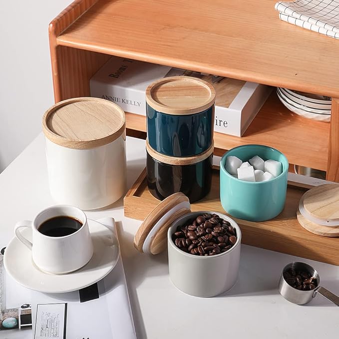 Sweejar Kitchen Canisters Ceramic Food Storage Jar, Stackable Containers with Airtight Seal Wooden Lid for Serving Ground Coffee, Tea, Sugar, Spice and More - 5 Fl Oz(Navy)-Ruum Studio Home