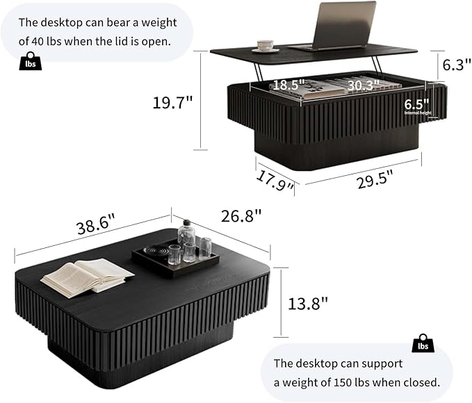 Lift Top Coffee Table with Storage, Solid Wood Coffee Table with Adjustable Height, Fluted Center Table Accent Tea Table for Living Room, Apartment, Office (38.6" Black)-Ruum Studio Home