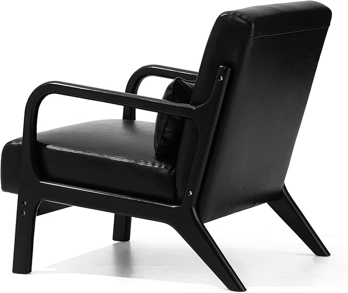 Glitzhome Accent Armchair with Walnut Ruberwood Frame, Black PU Leather Lounge Chair for Living Room-Ruum Studio Home