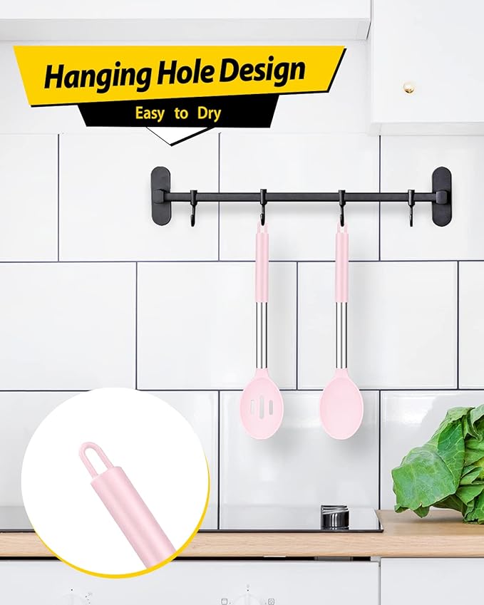 Pack of 2 Large Silicone Cooking Spoons,Non Stick Solid Basting Spoon,Heat-Resistant Kitchen Utensils for Mixing,Serving,Draining,Stirring (PINK)-Ruum Studio Home