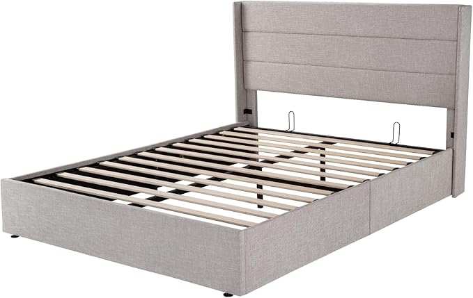 Allewie Queen Size Lift Up Storage Bed, Modern Wingback Headboard, Hydraulic Support, No Box Spring Needed, Light Beige-Ruum Studio Home