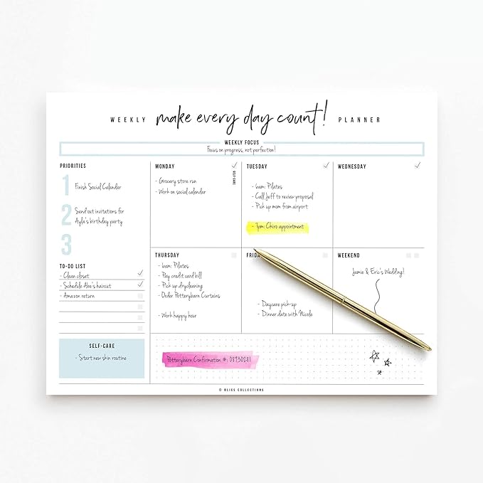 Bliss Collections Weekly Planning Pad, To Do List Notebook - Undated Tear-Off Sheets Notepad - Work Calendar, Organizer, Scheduler for Goals, Tasks - Make Every Day Count, 8.5" x 11", 50 Sheets-Ruum Studio Home