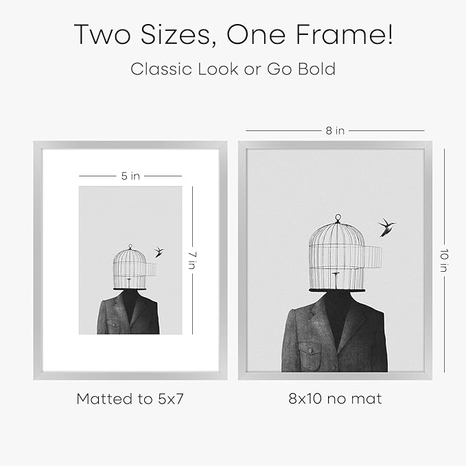 Homeforia Silver Picture Frame 8x10, High End Metal 8 x 10 Photo Frames with Mat 5 by 7 Art, 10x8 Thin Frame Matted to 5x7 inch Print, 10by8 Wall or Tabletop Frames, Tempered Glass, Wall Kit, Set of 1-Ruum Studio Home